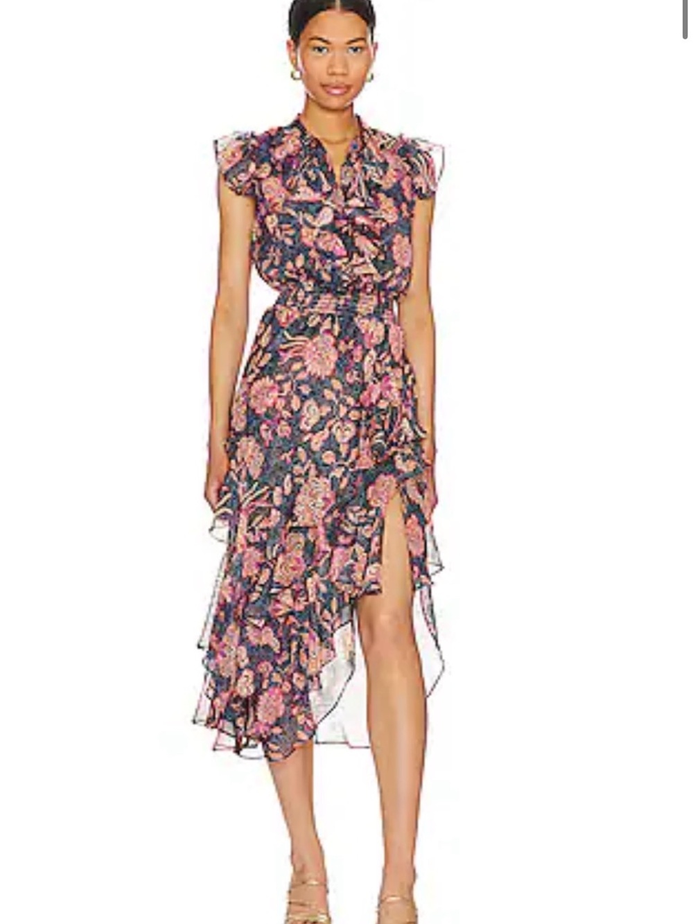Misa Los Angeles Ilysa Floral Ruffled Chiffon Midi Asymmetric Dress Size S